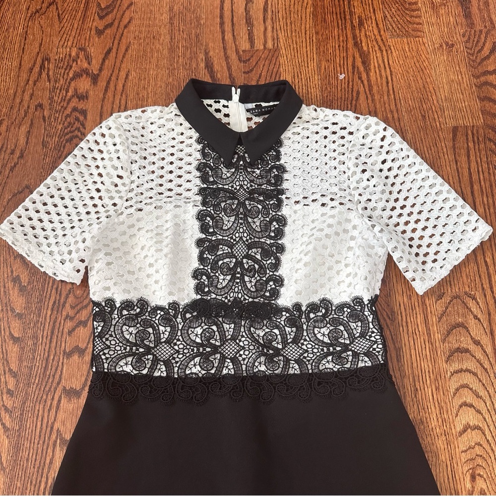 Zara As Seen on TV Black White Lace Crochet Cutout Sheath Dress Mock Neck Size S - Picture 9 of 13